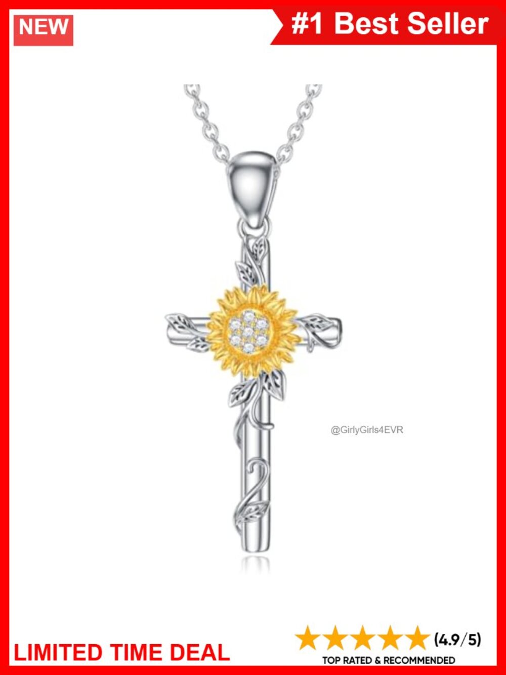 925 Sterling Silver Lab Grown Diamond Sunflower Cross Pendant Necklace 18"